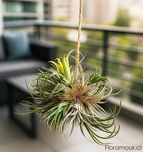 Plantas ex&oacute;ticas en arreglo colgante r&uacute;stico. Las Tillandsias, Plantas A&eacute;reas, no usan tierra y se mantienen f&aacute;cilmenrte con un roc&iacute;o generoso de agua blanda cada tres d&iacute;as. Arreglo muy decorativo para terraza y jardines de coleccionistas